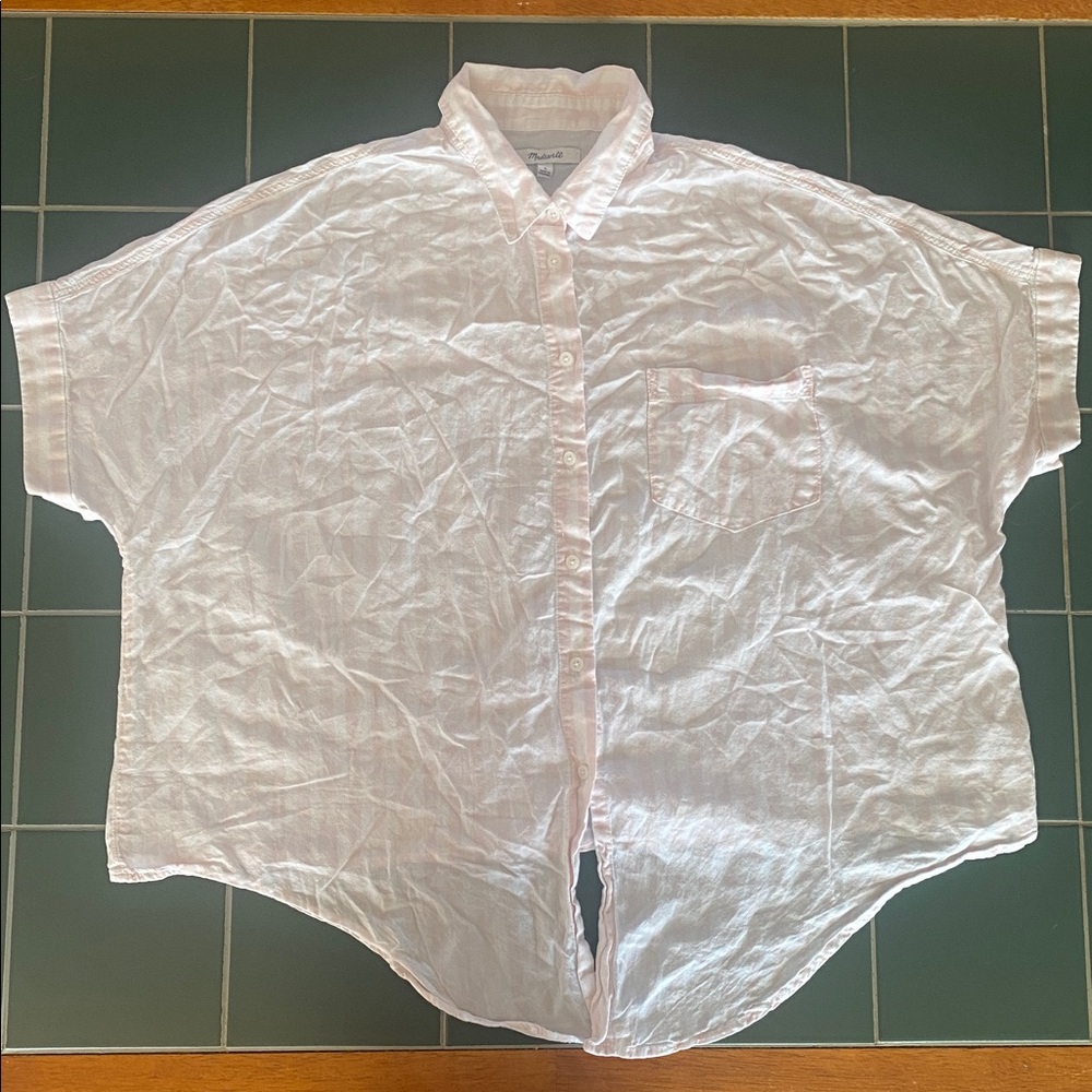 Madewell Pink & White Striped Button Up Tied Short Sleeve Top